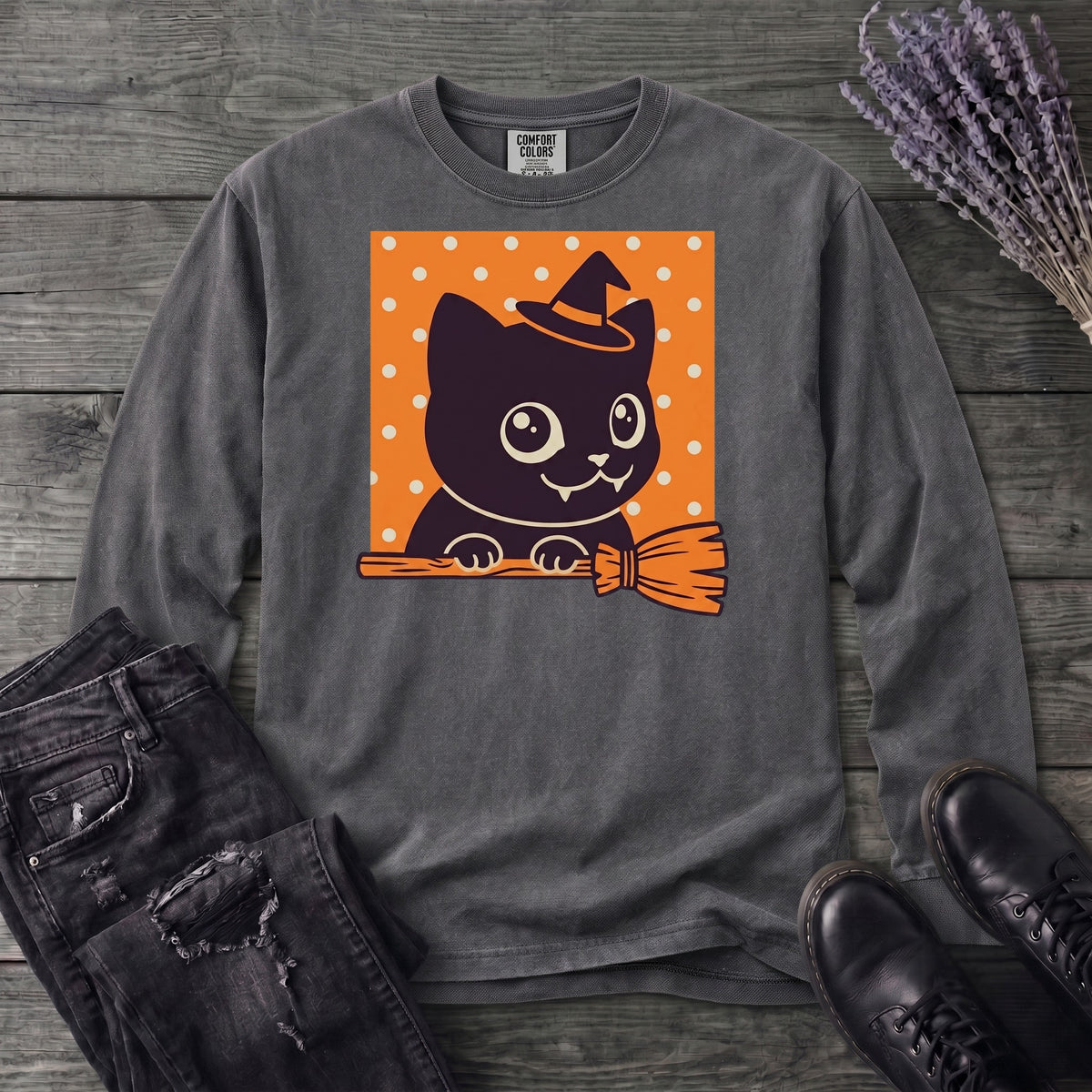 Broomstick Kitty Long Sleeve T-Shirt