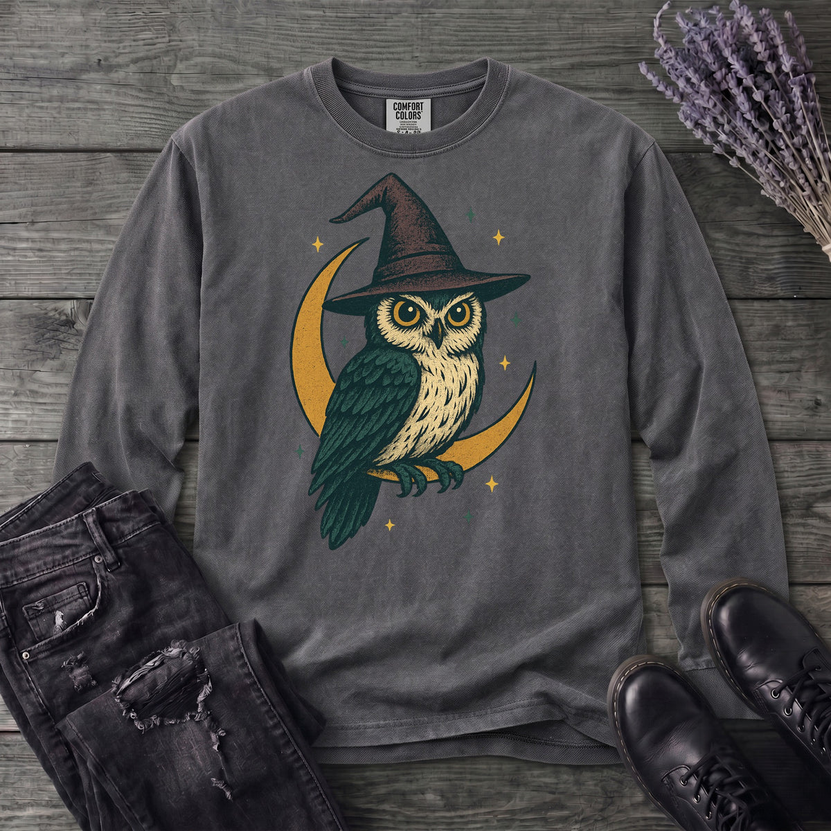 crescent moon witch owl Long Sleeve T-Shirt