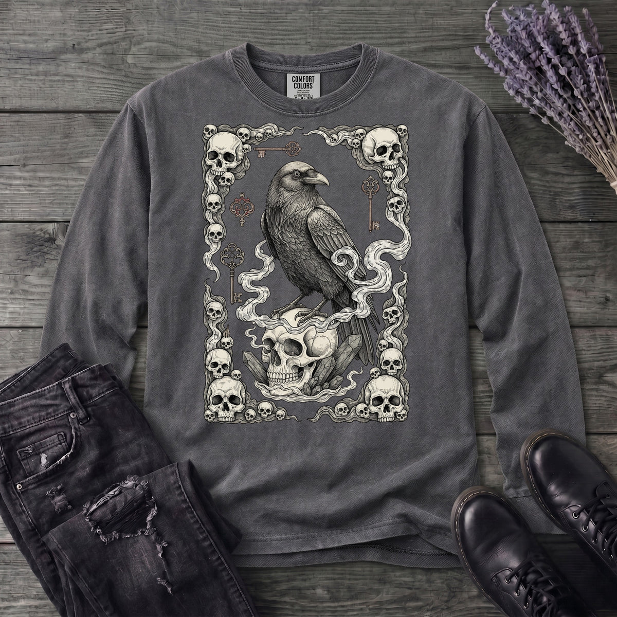 Raven Skull Card Long Sleeve T-Shirt