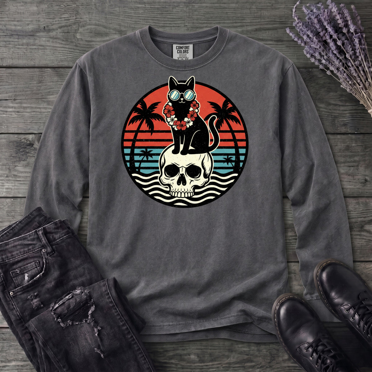 Tropical Cat and Skull Long Sleeve T-Shirt