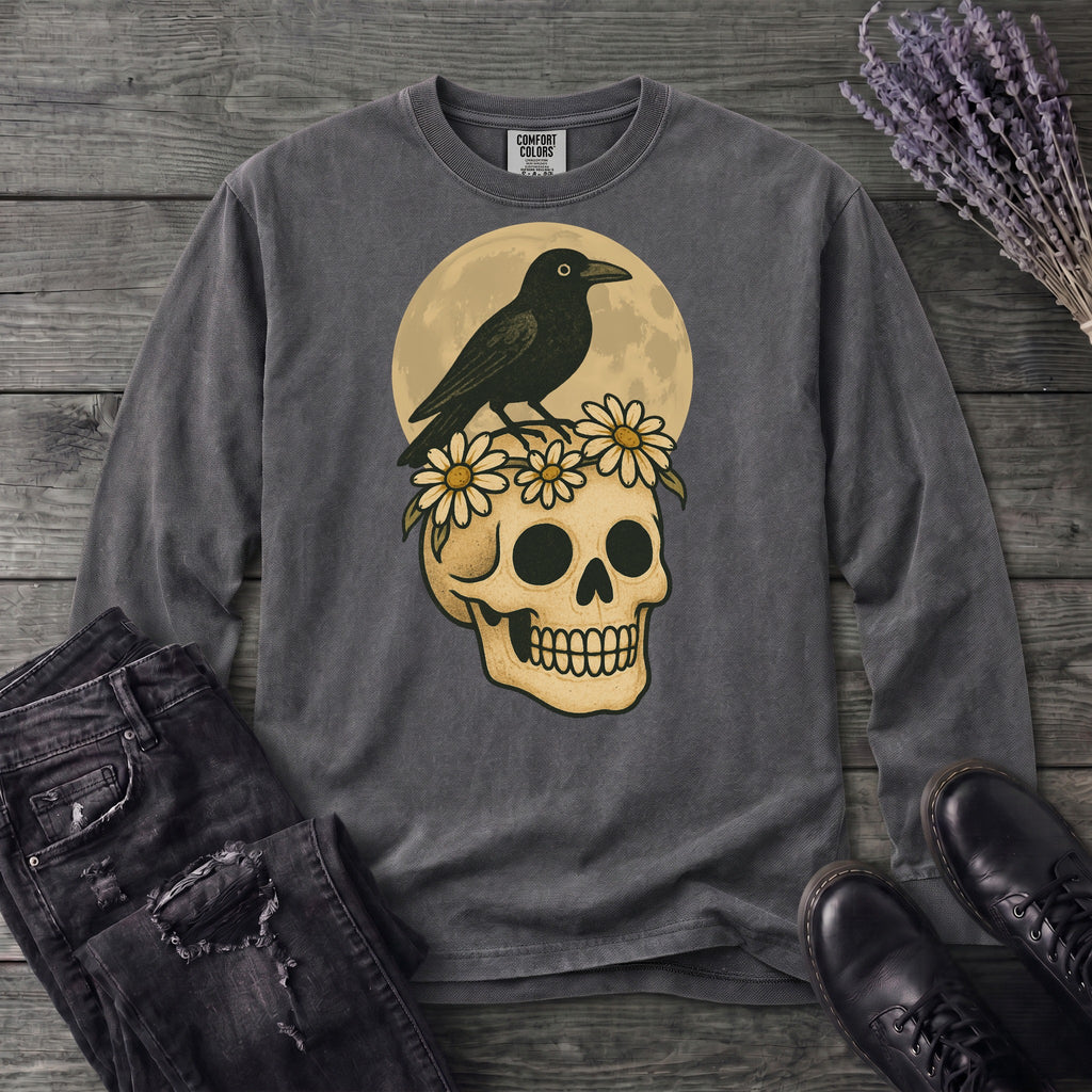 Crow On Skull Long Sleeve T-Shirt