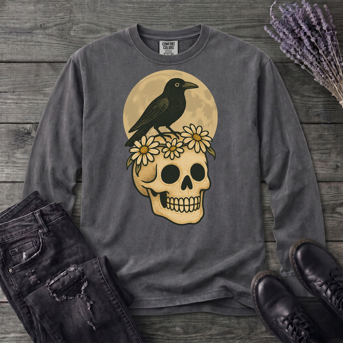 Crow On Skull Long Sleeve T-Shirt
