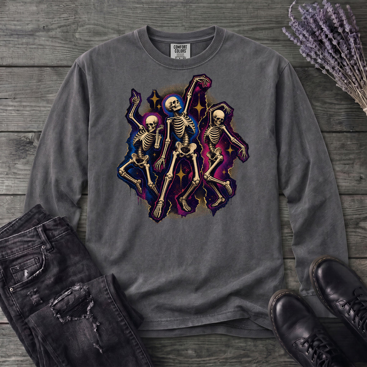 Textured Dancing Skeletons Long Sleeve T-Shirt