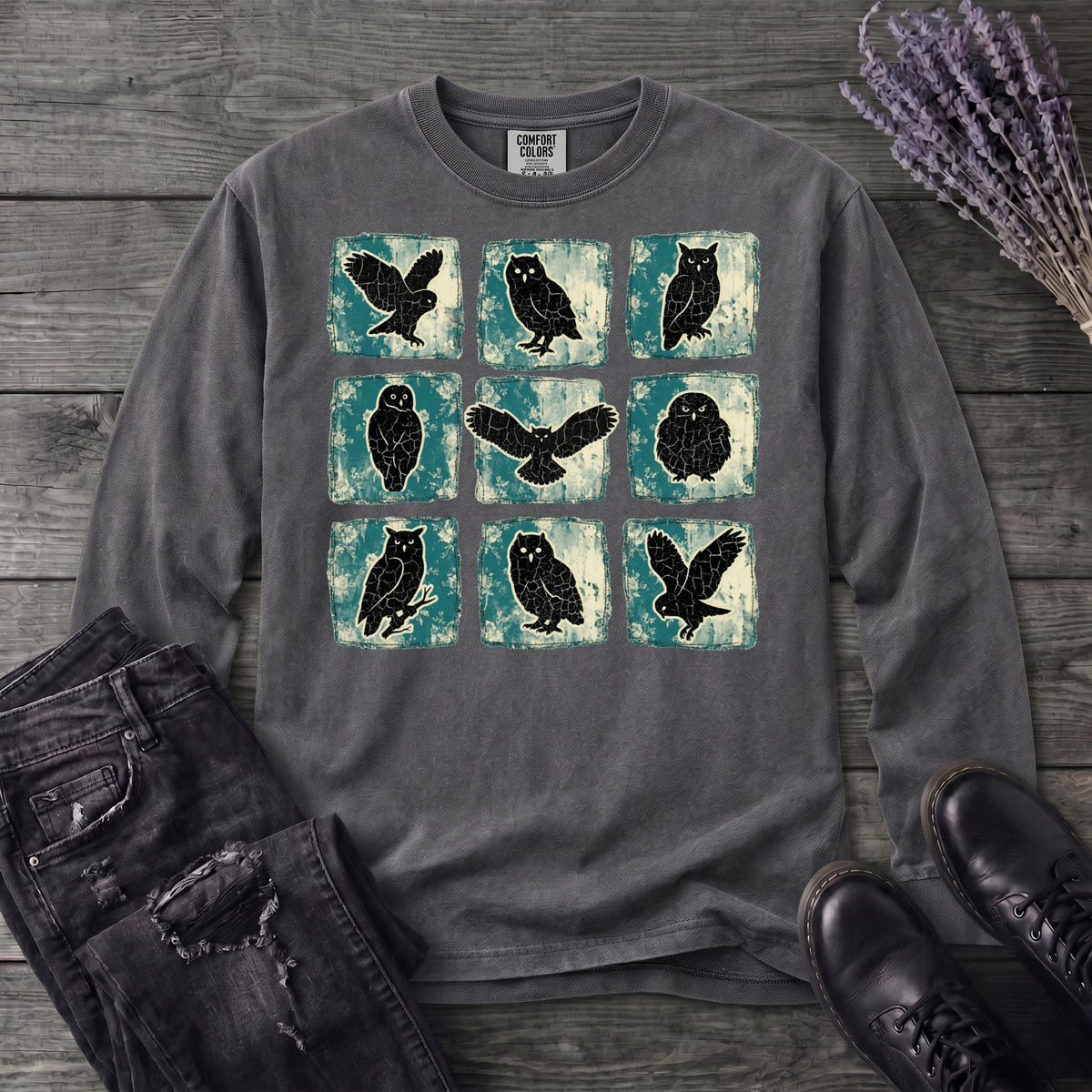 Grunge Owl Grid Long Sleeve T-Shirt