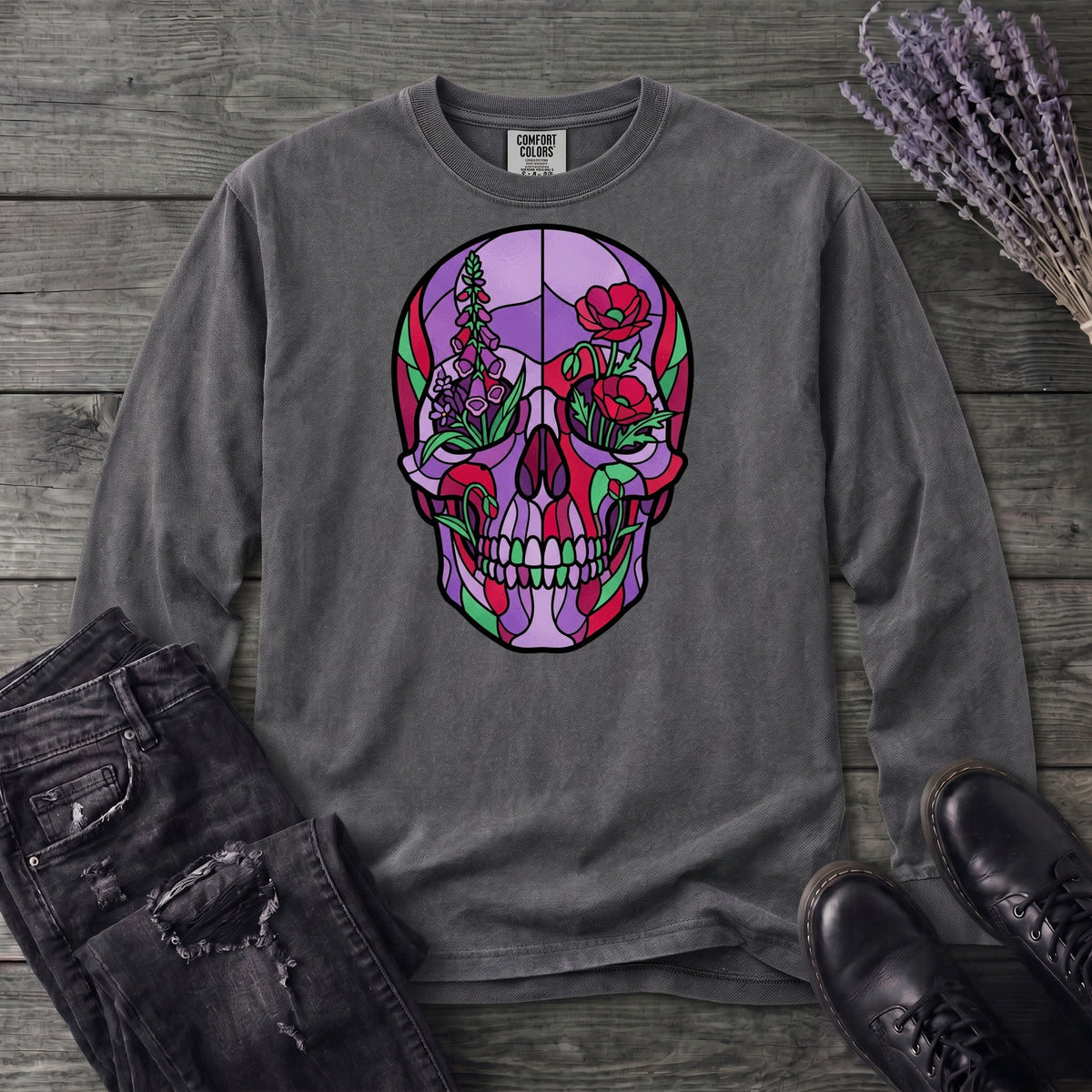 botanical stained glass skull Long Sleeve T-Shirt