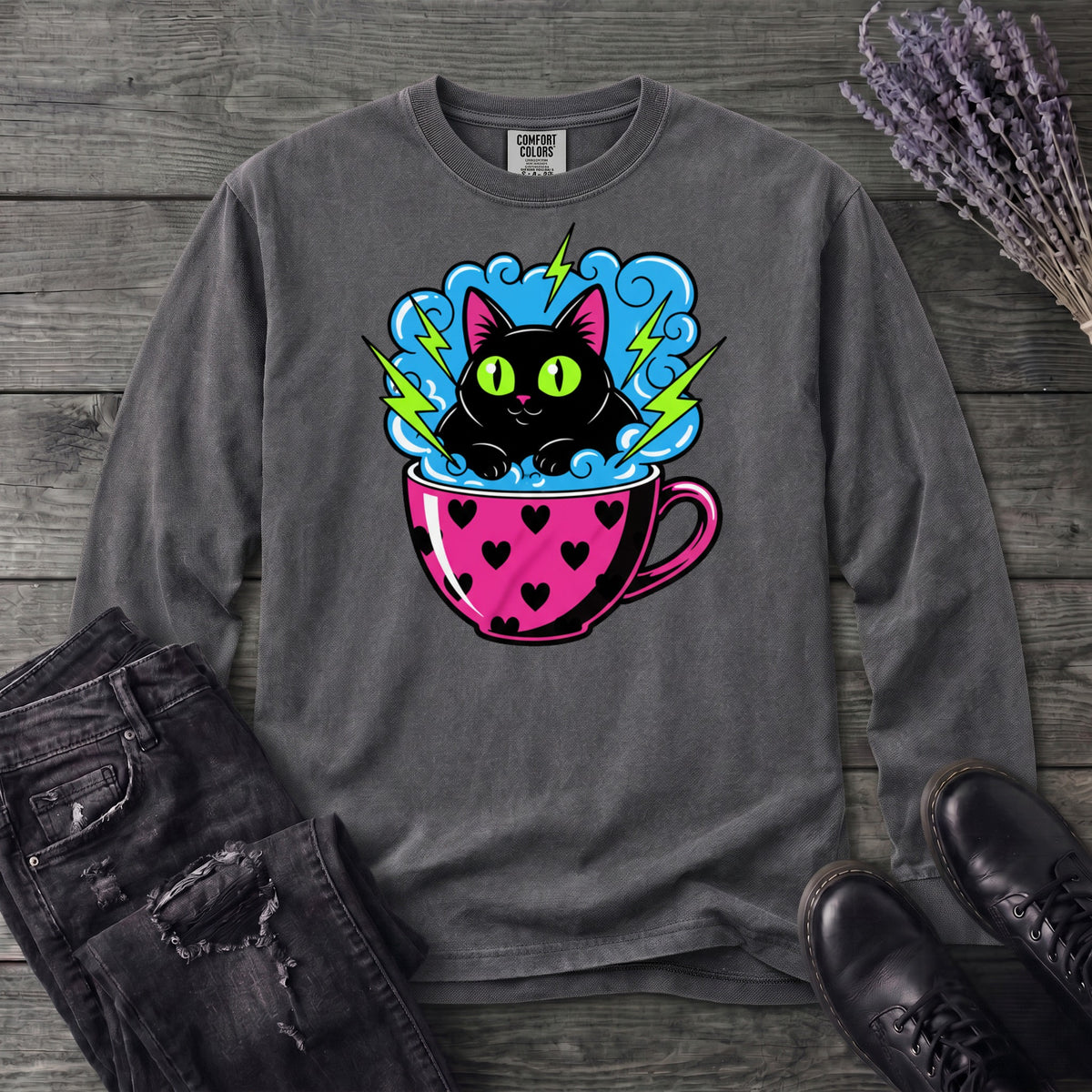 Cat Heart Mug Y2k 90s Long Sleeve T-Shirt