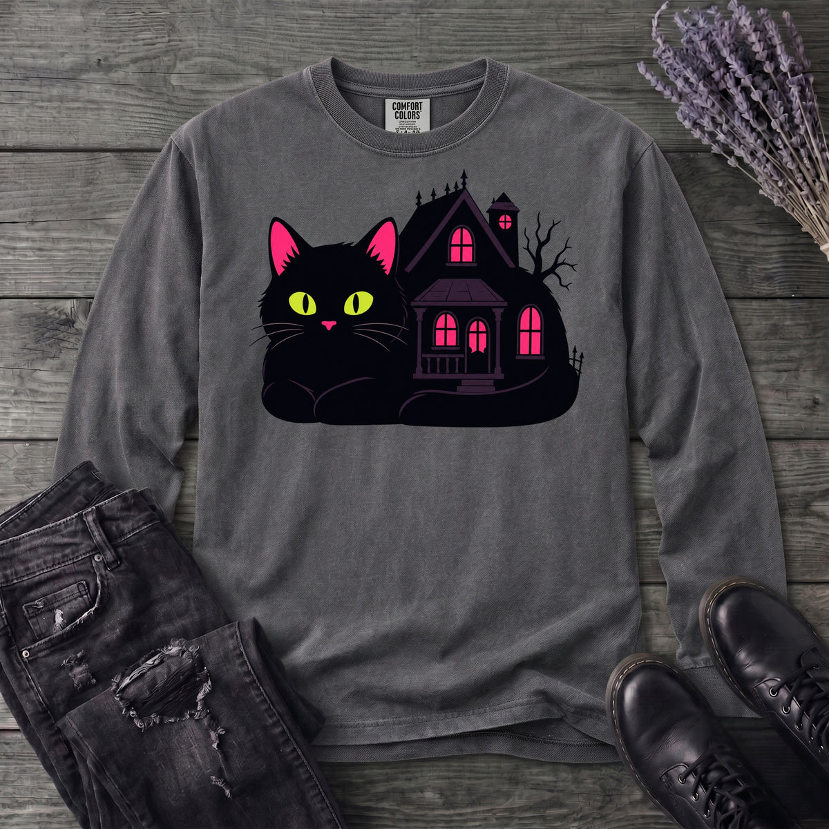 Black Cat Haunted House Long Sleeve T-Shirt