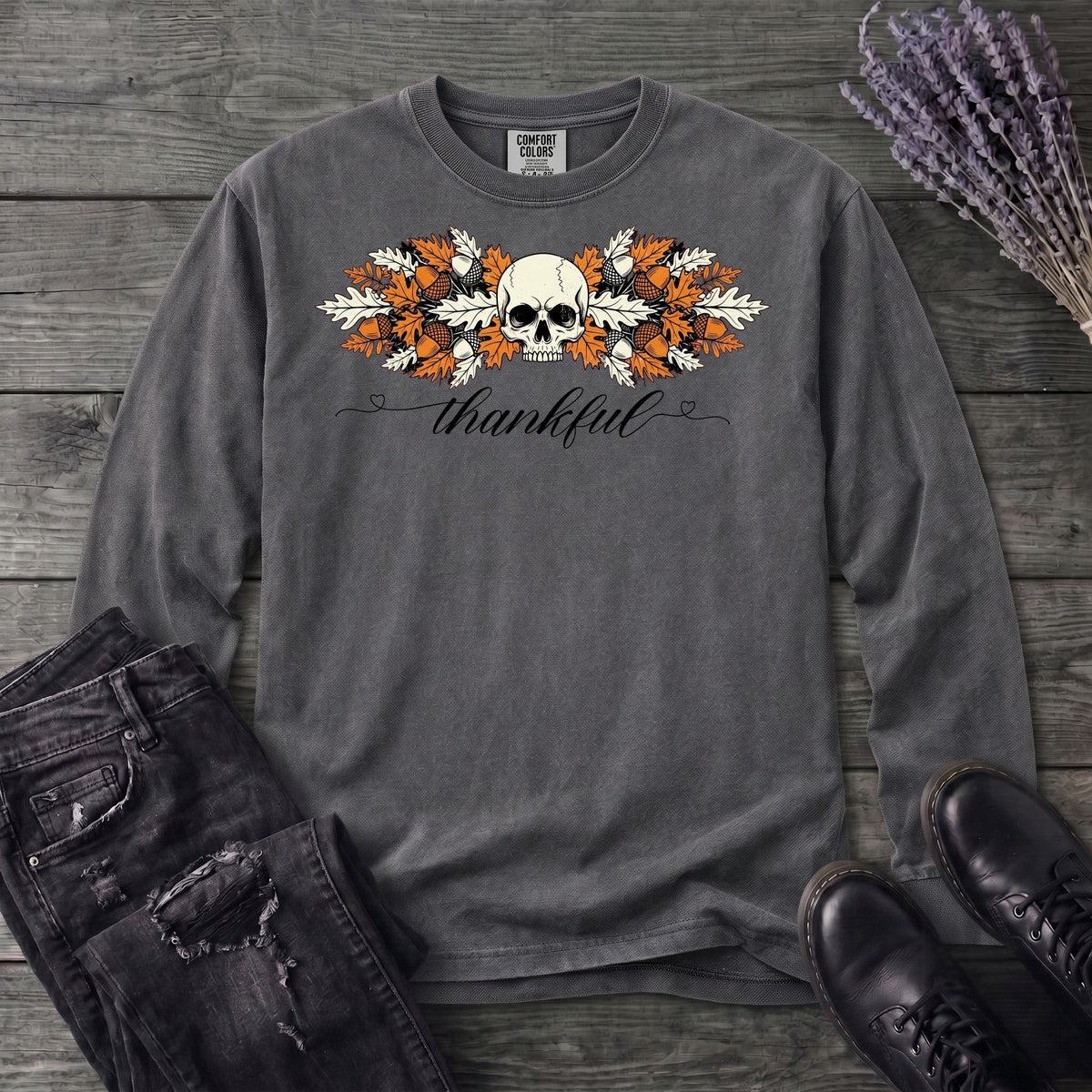 Thankful Leaf Swag Skull Long Sleeve T-Shirt