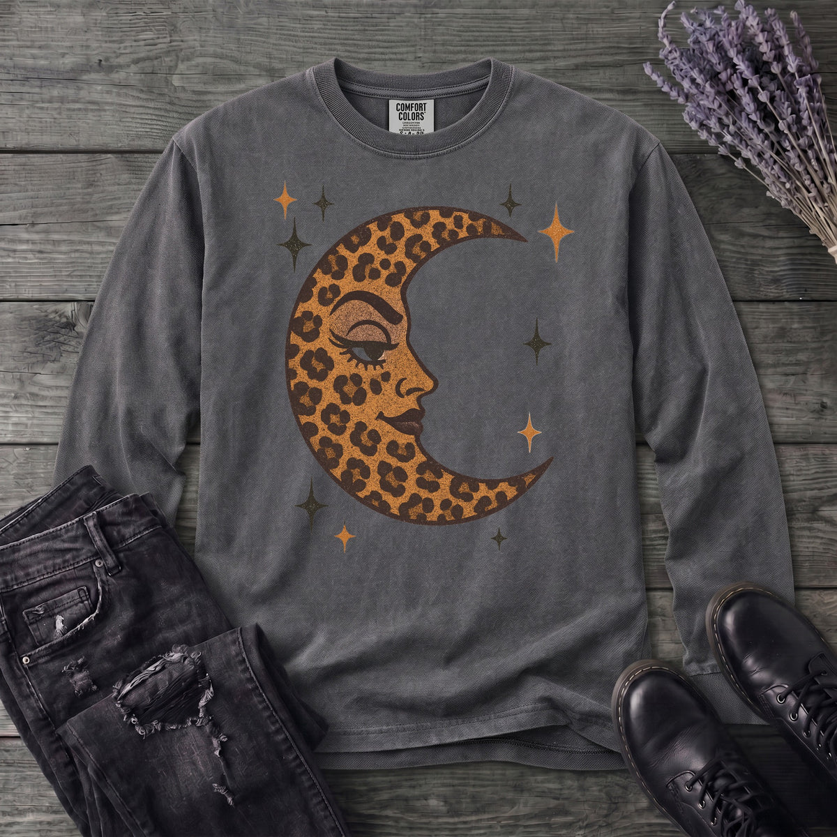 Leopard Print Crescent Moon Long Sleeve T-Shirt