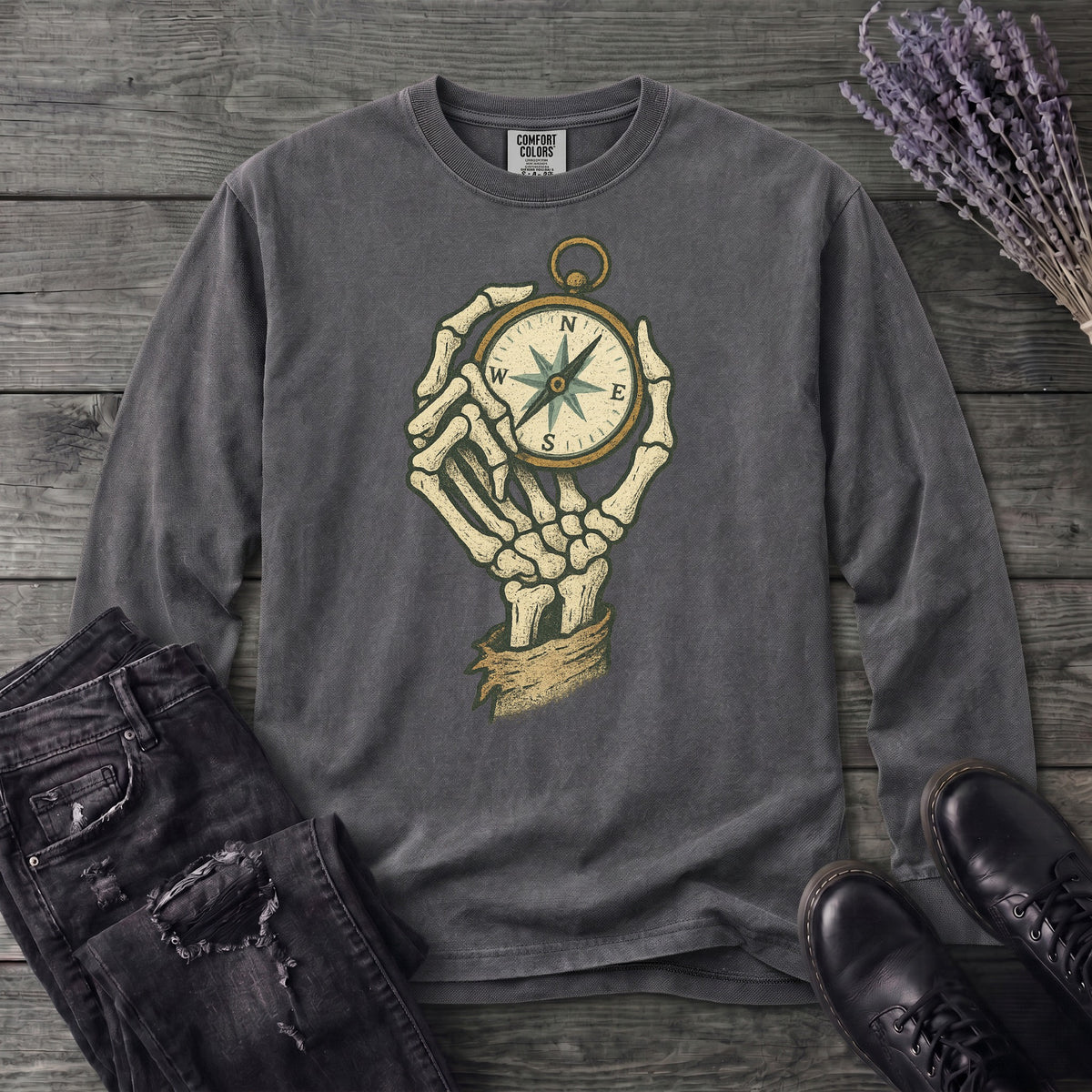 Nautical Compass Skeleton Hand Long Sleeve T-Shirt