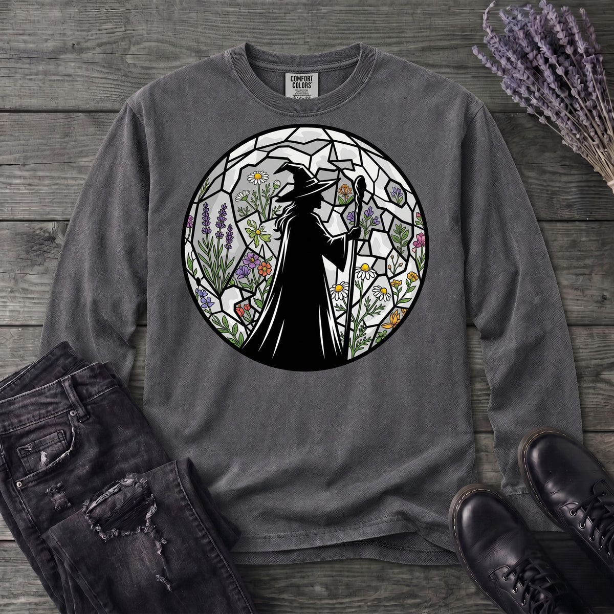 stained glass botanical witch Long Sleeve T-Shirt