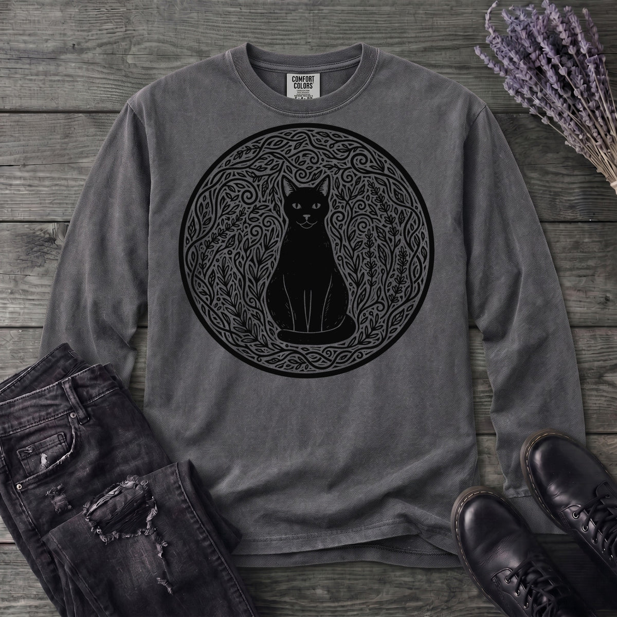 garden cat linocut Long Sleeve T-Shirt