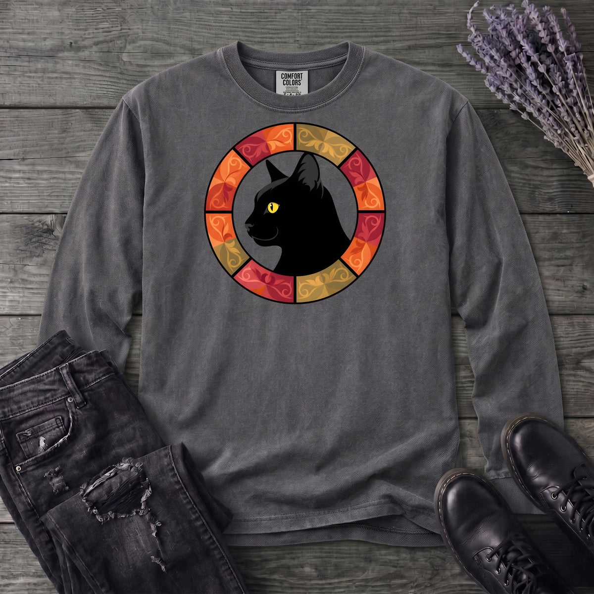 Black Cat Autumn Medallion Long Sleeve T-Shirt