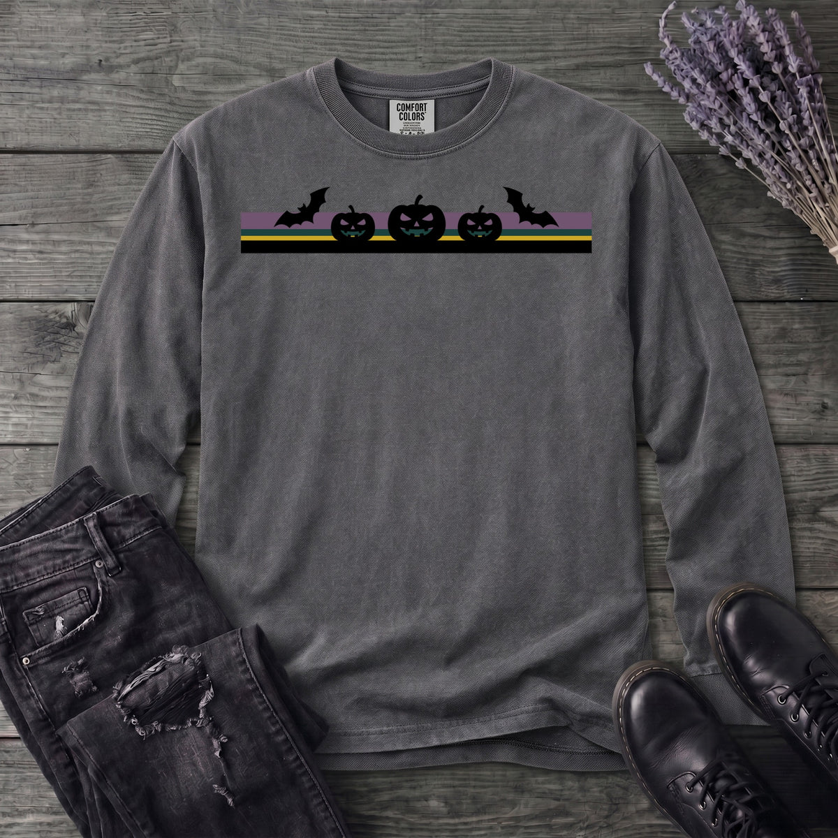 Bats Jack O Lantern Stripe Long Sleeve T-Shirt