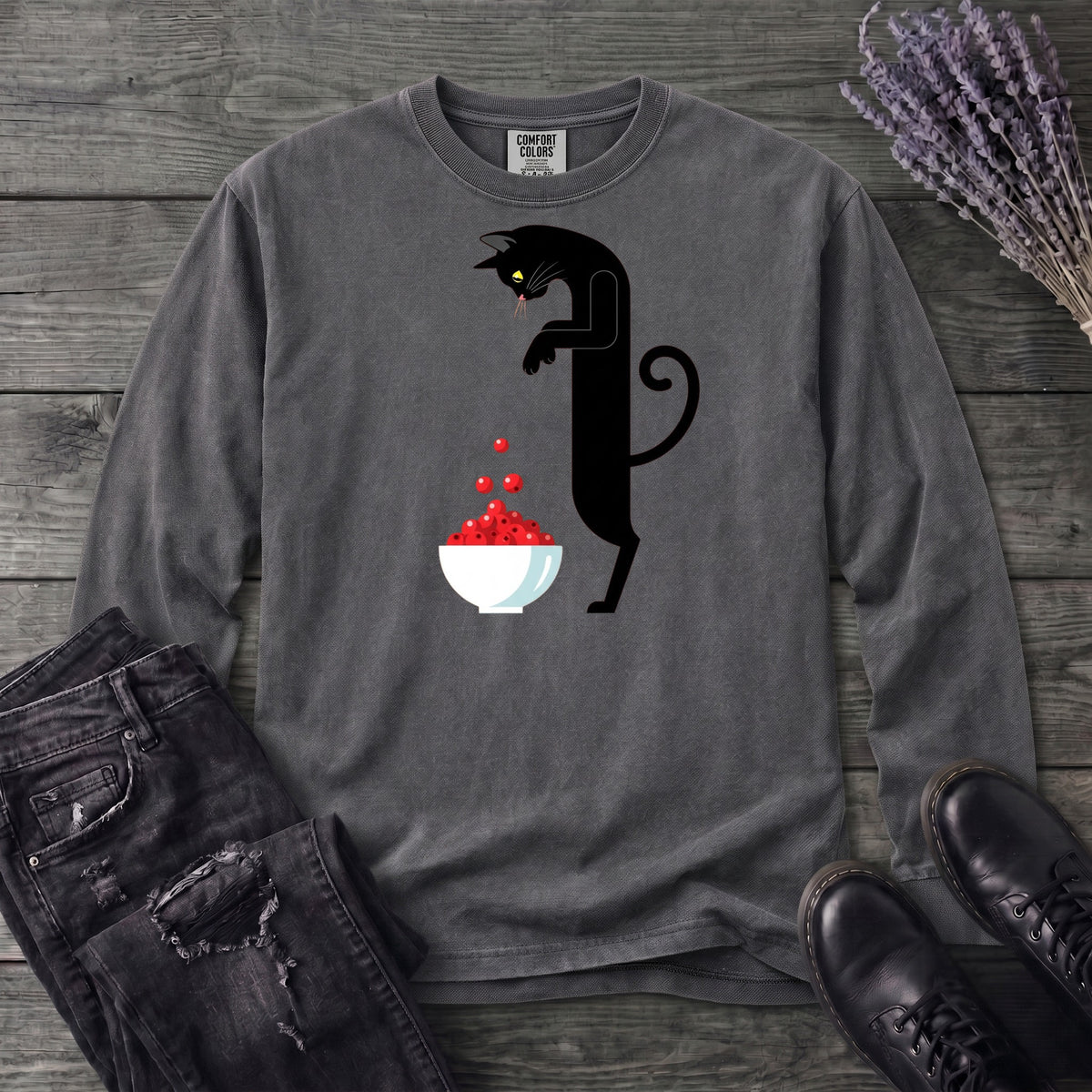 Black Cat And Cranberries Long Sleeve T-Shirt