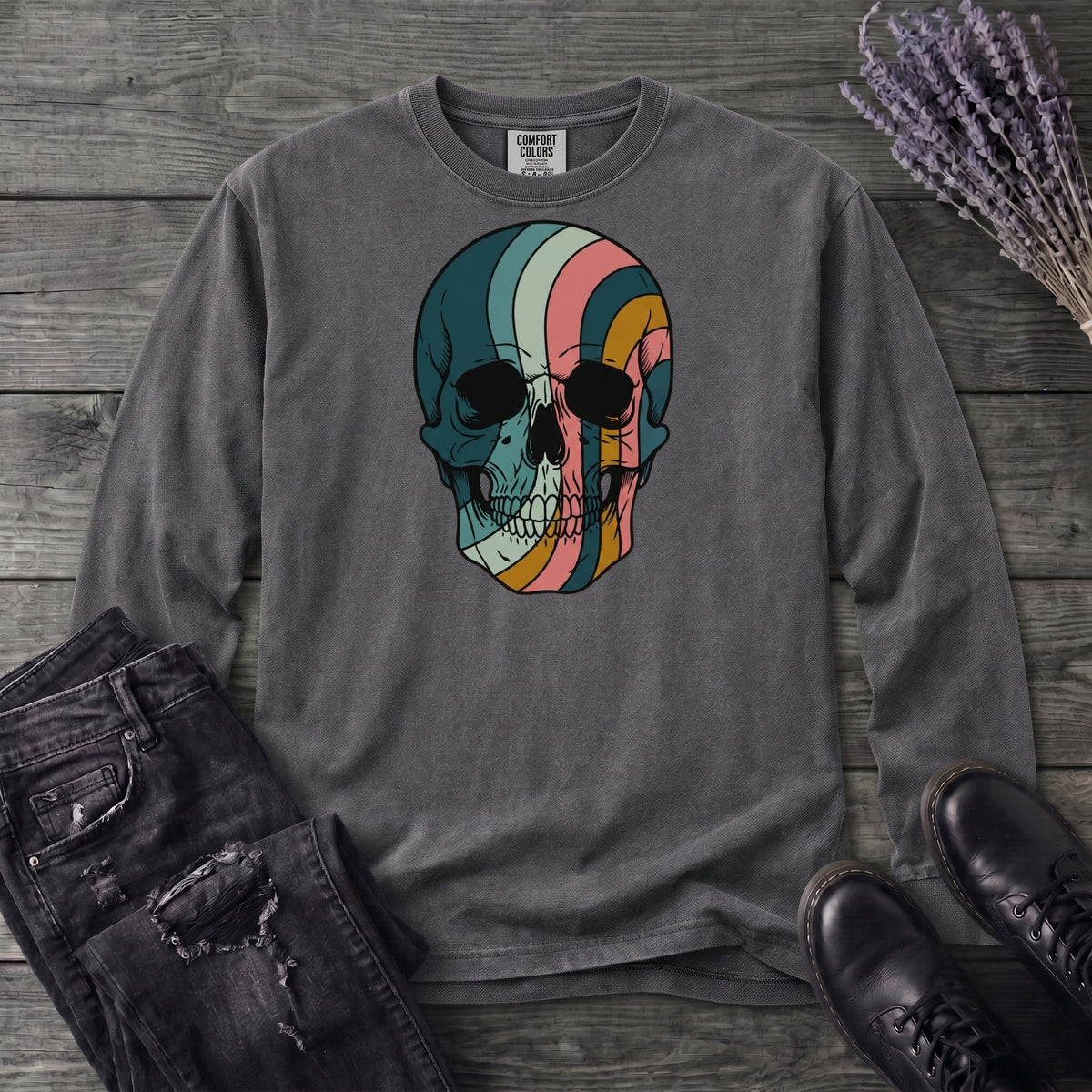 Psychedelic Striped Skull Long Sleeve T-Shirt