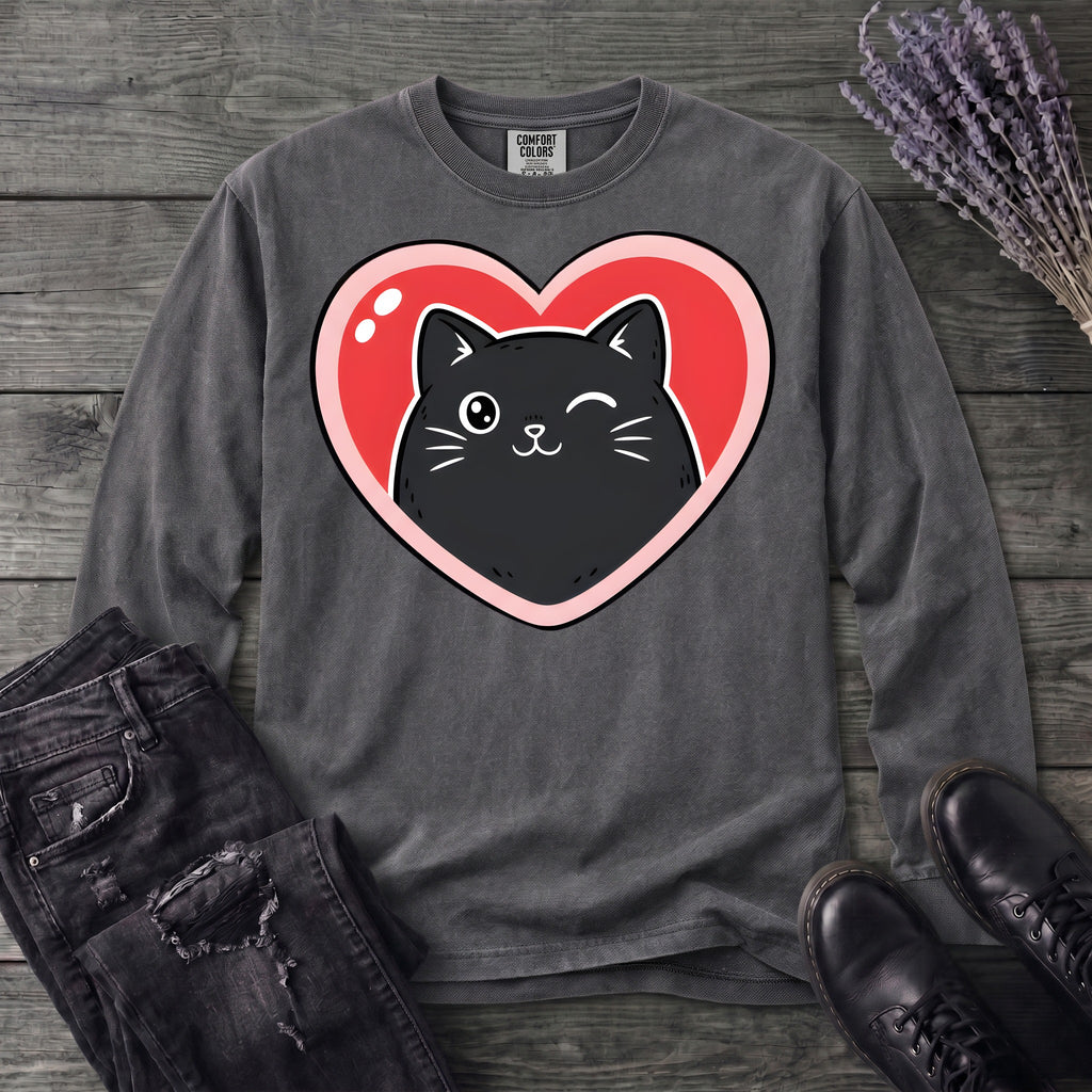 Winking Black Cat Heart Long Sleeve T-Shirt