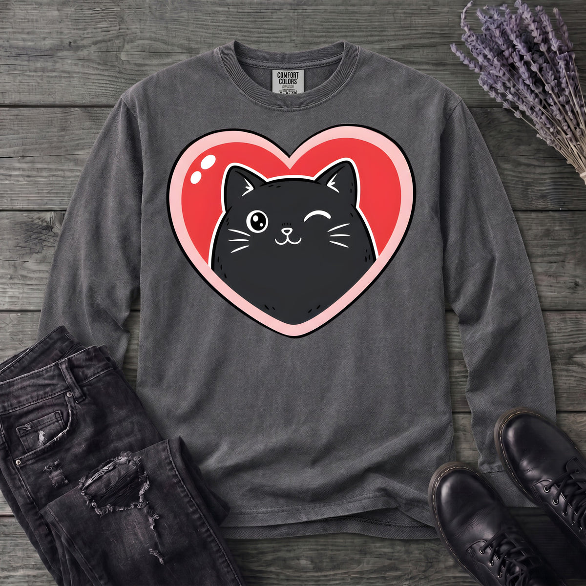Winking Black Cat Heart Long Sleeve T-Shirt