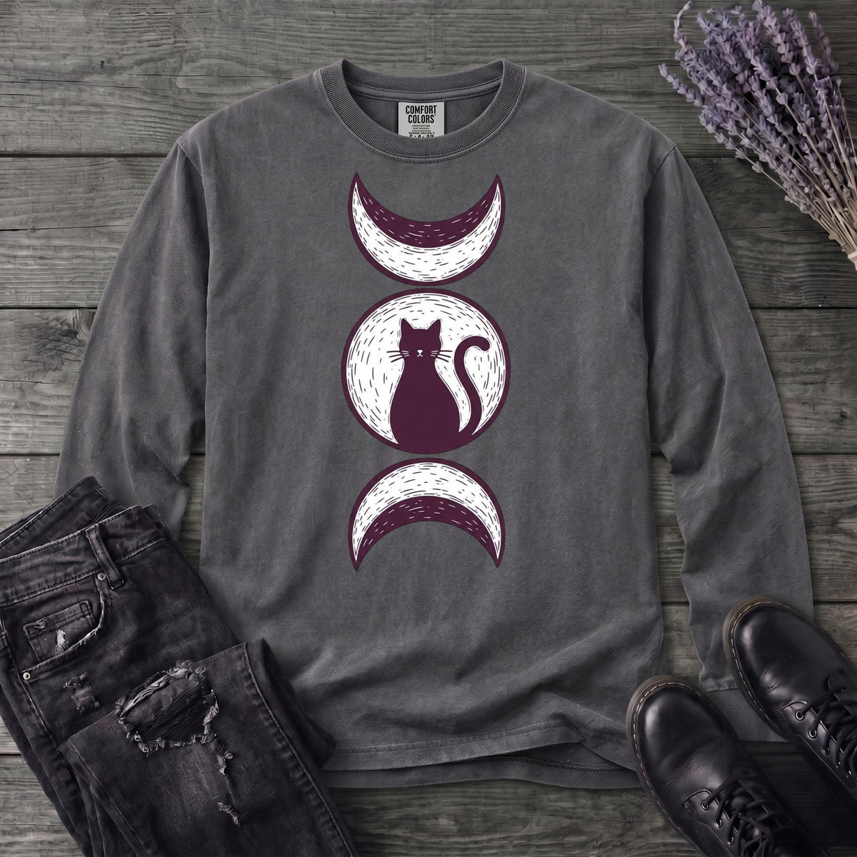 Triple Moon Goddess Cat Long Sleeve T-Shirt