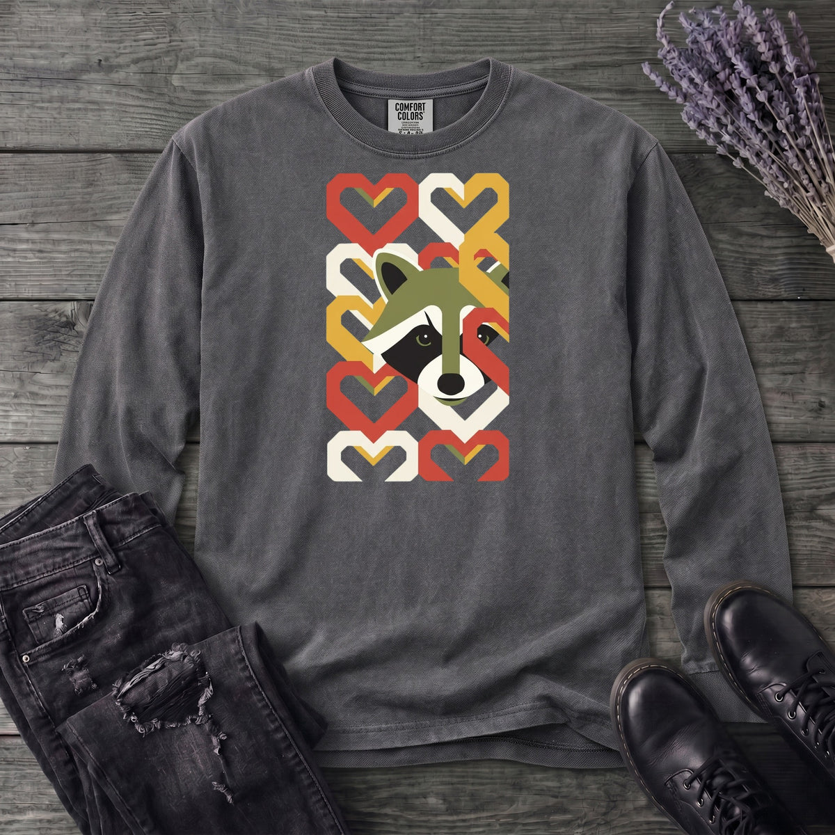 Geometric Hearts Raccoon Long Sleeve T-Shirt