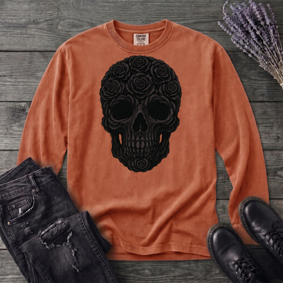 Black Rose Skull Long Sleeve T-Shirt