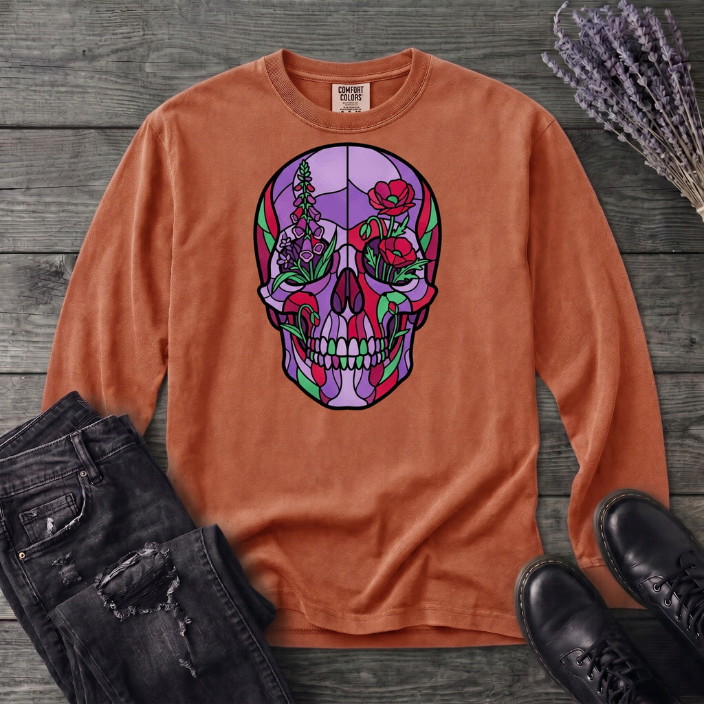 botanical stained glass skull Long Sleeve T-Shirt