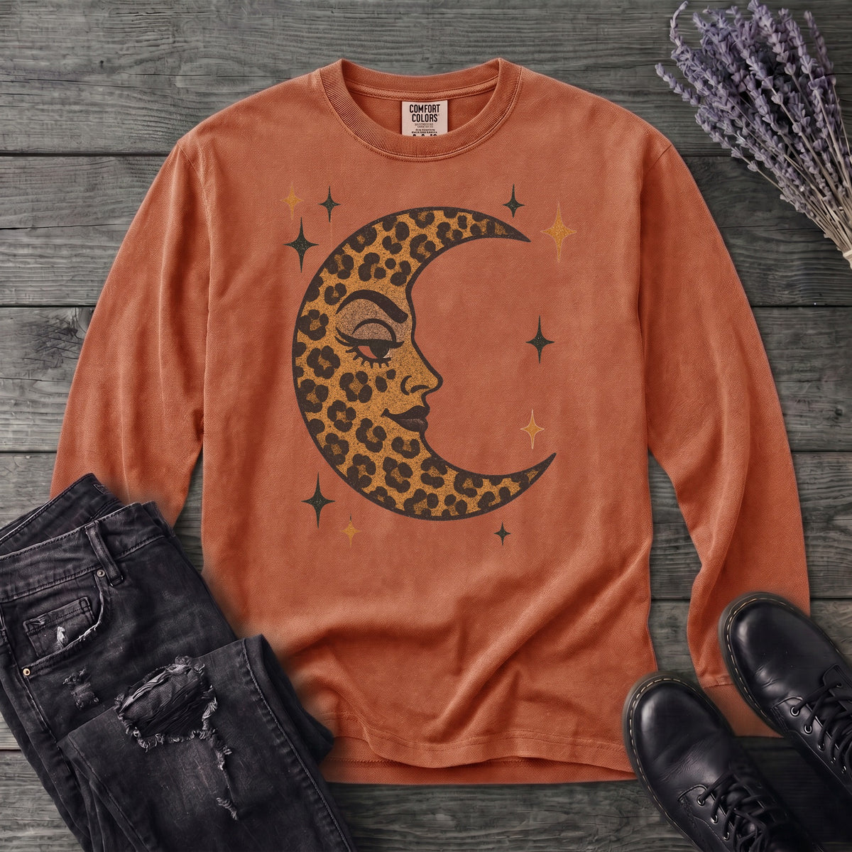 Leopard Print Crescent Moon Long Sleeve T-Shirt