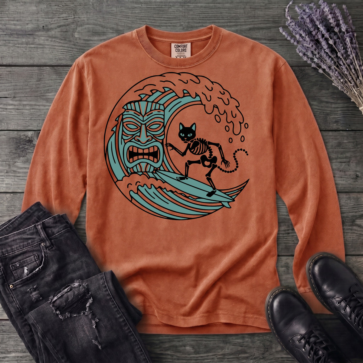 Surfing Cat Skeleton Long Sleeve T-Shirt