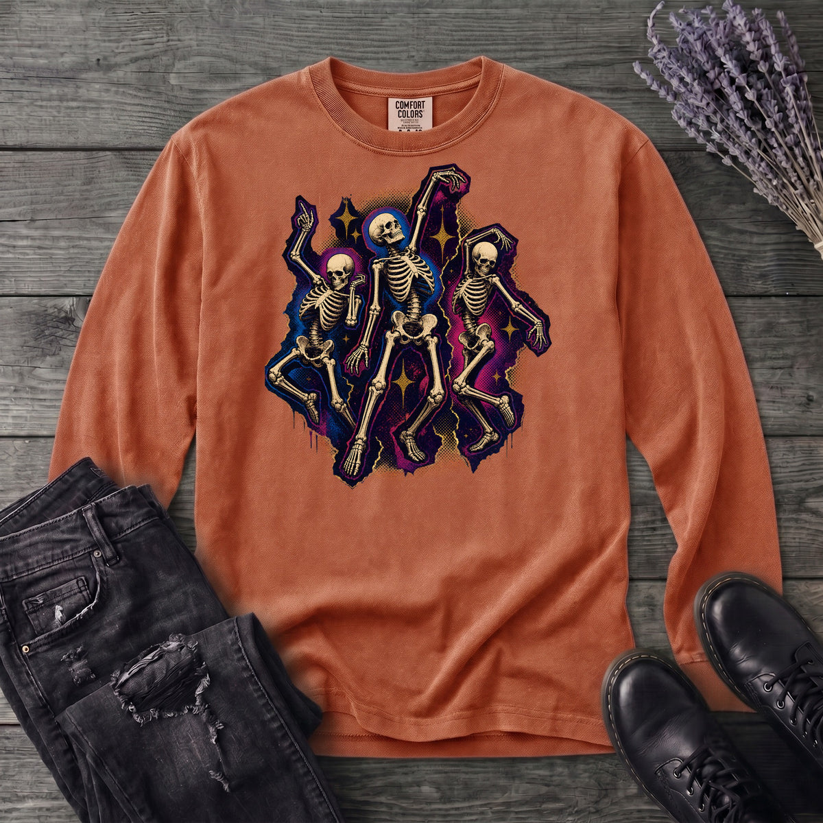 Textured Dancing Skeletons Long Sleeve T-Shirt