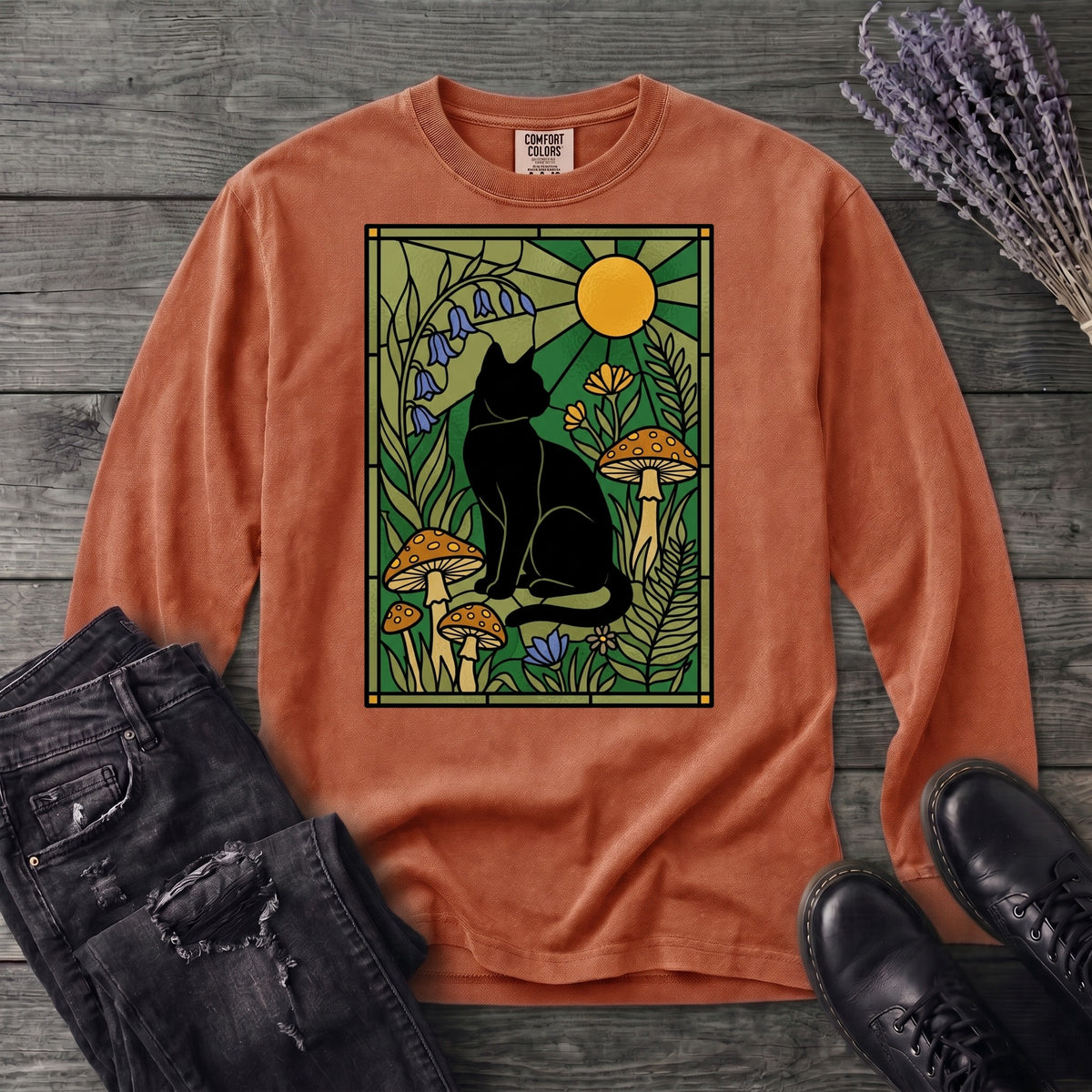 stained glass garden cat Long Sleeve T-Shirt
