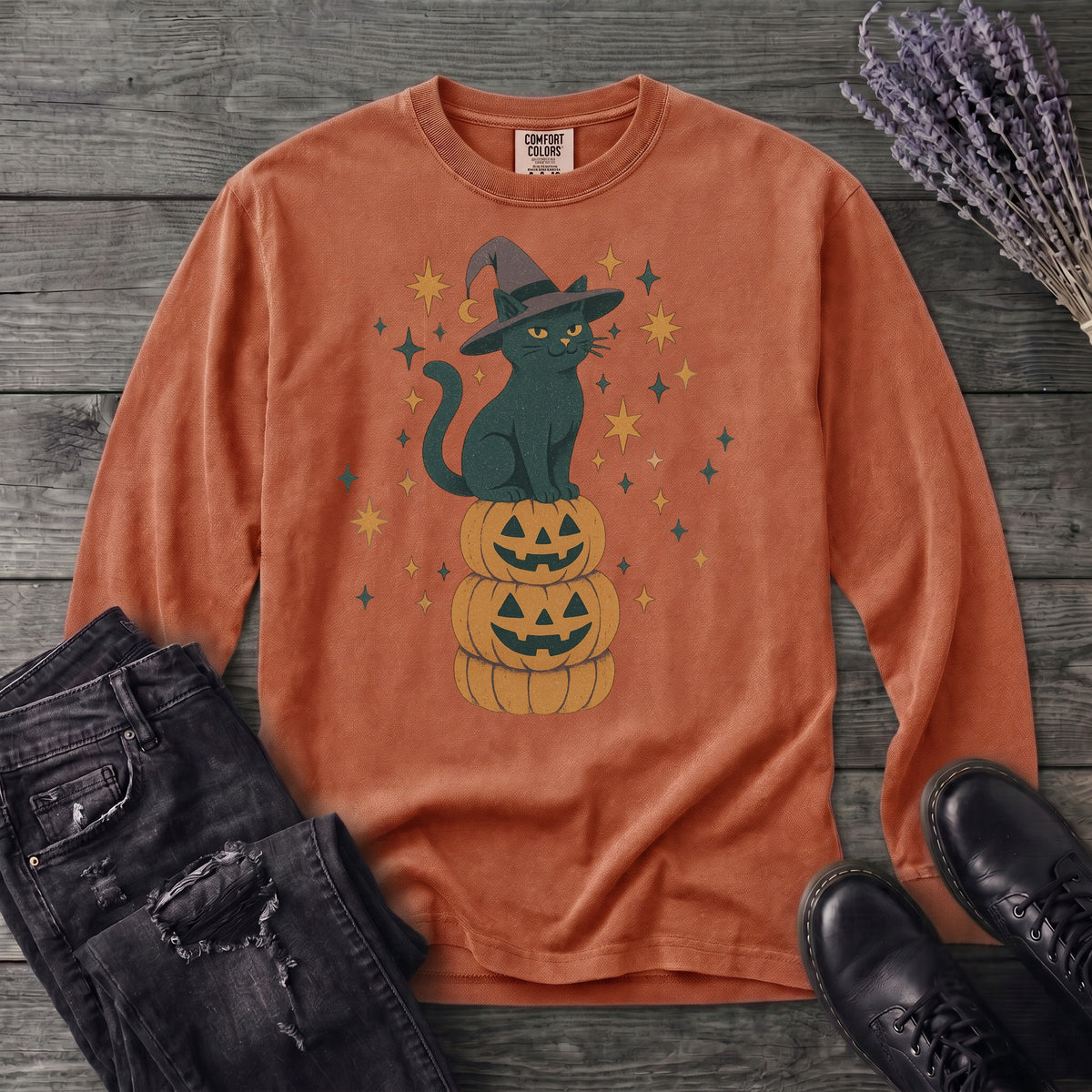 Stacked Cat and Pumpkins Long Sleeve T-Shirt