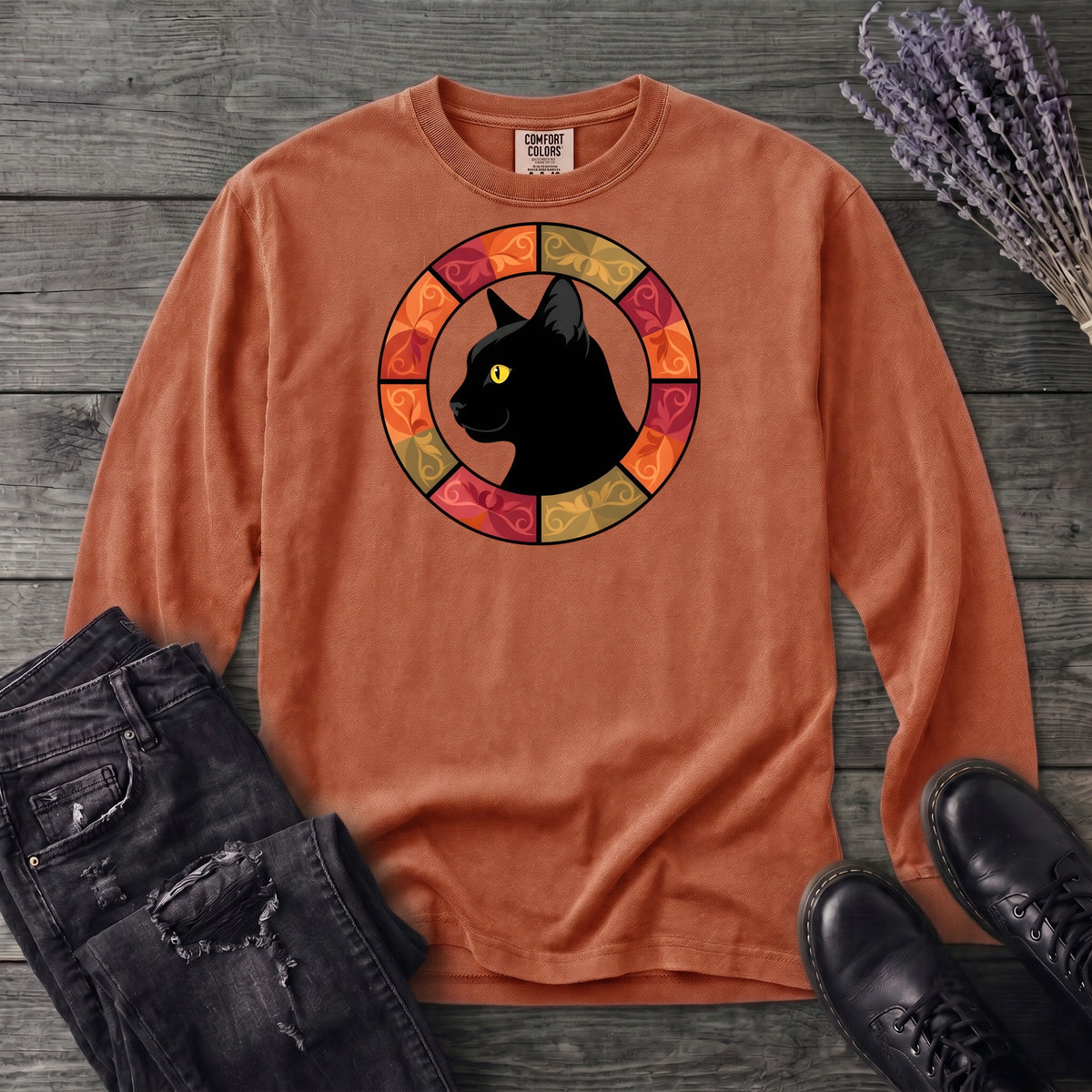 Black Cat Autumn Medallion Long Sleeve T-Shirt