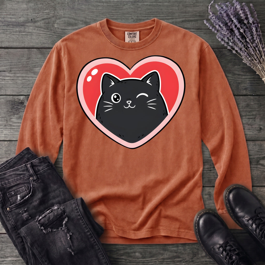 Winking Black Cat Heart Long Sleeve T-Shirt