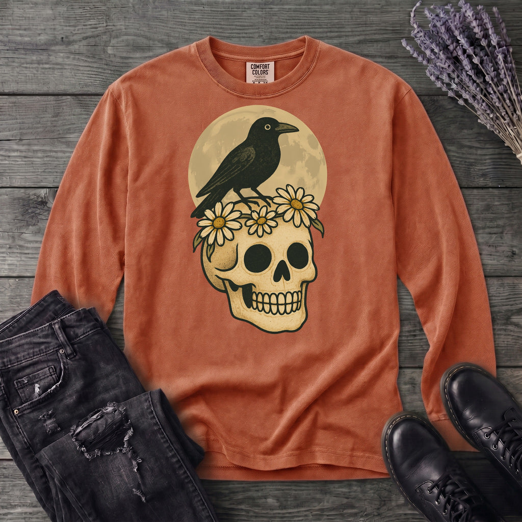 Crow On Skull Long Sleeve T-Shirt