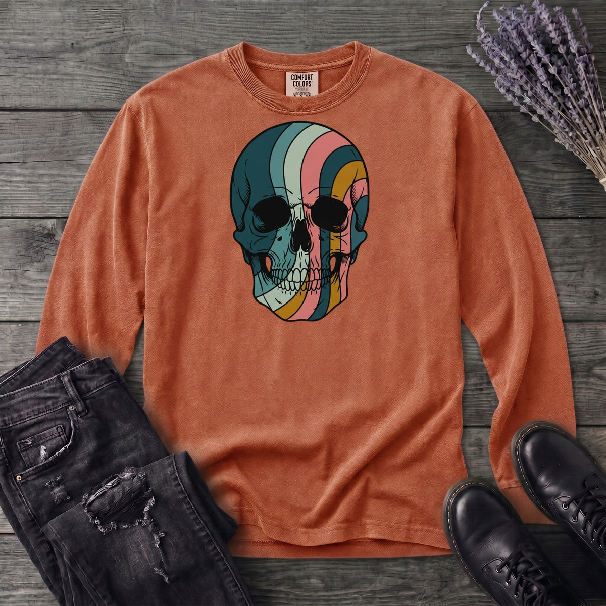 Psychedelic Striped Skull Long Sleeve T-Shirt