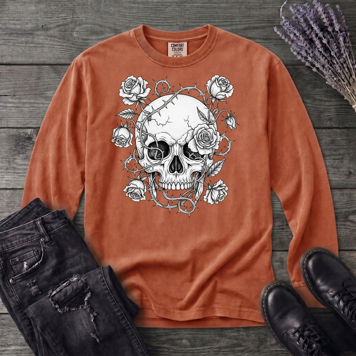 Macabre Floral Skull Long Sleeve T-Shirt
