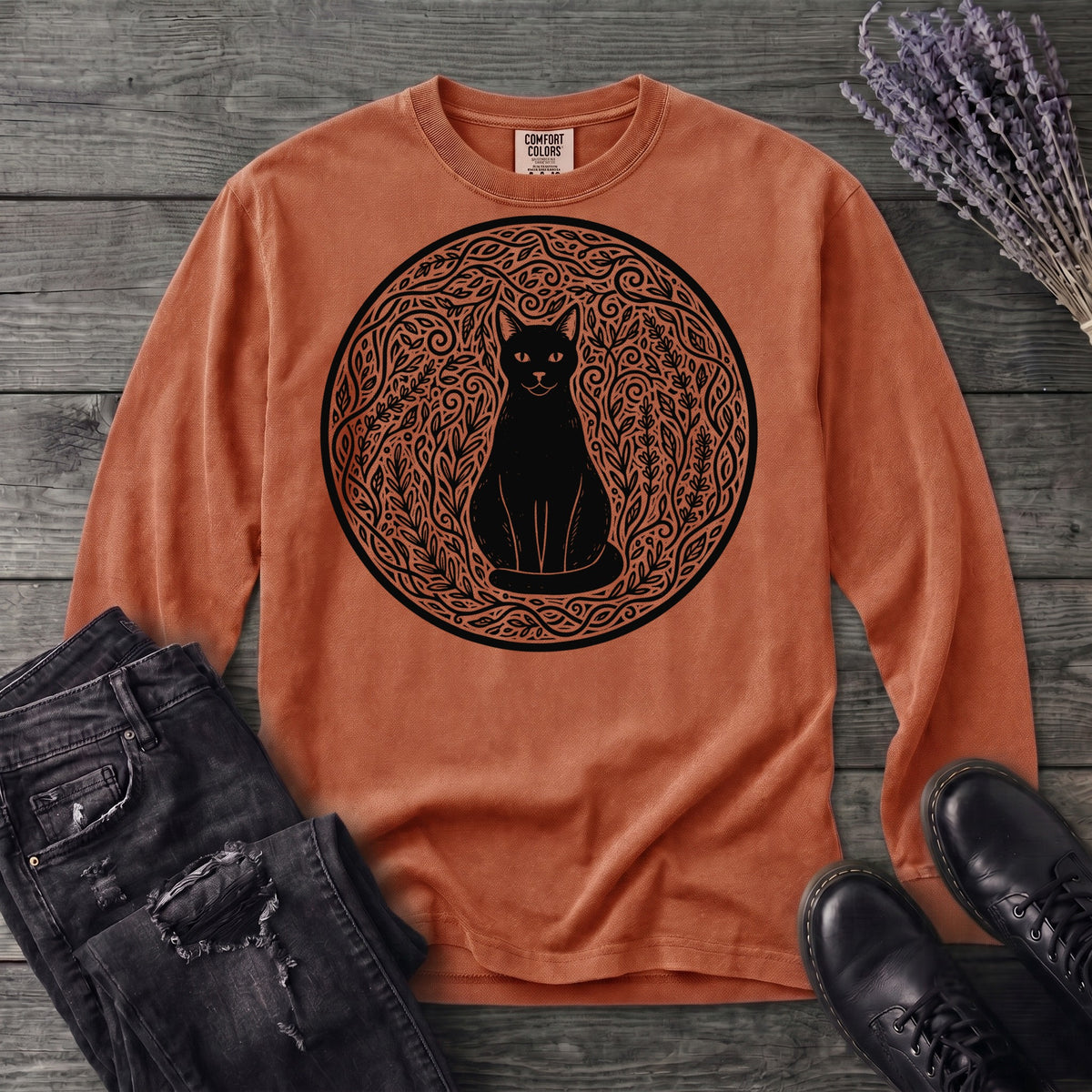 garden cat linocut Long Sleeve T-Shirt