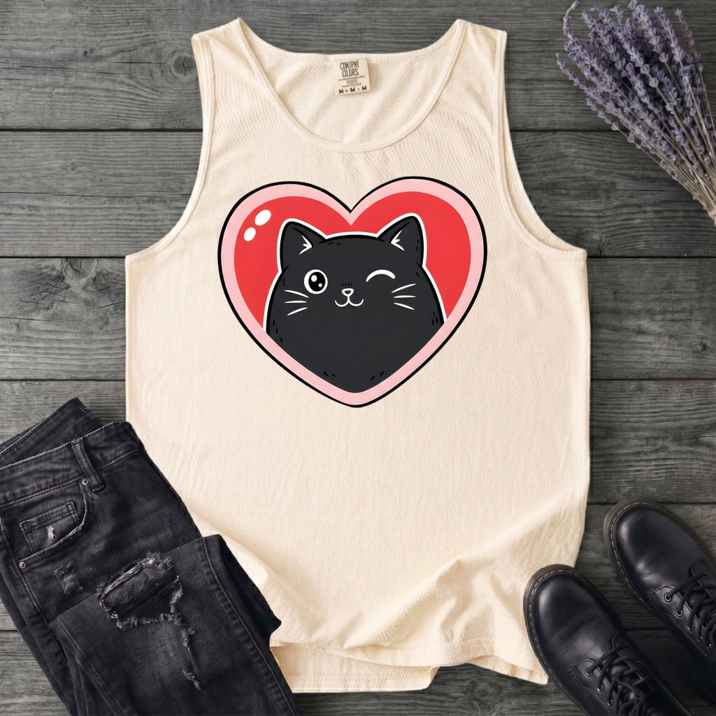 Winking Black Cat Heart Tank Top