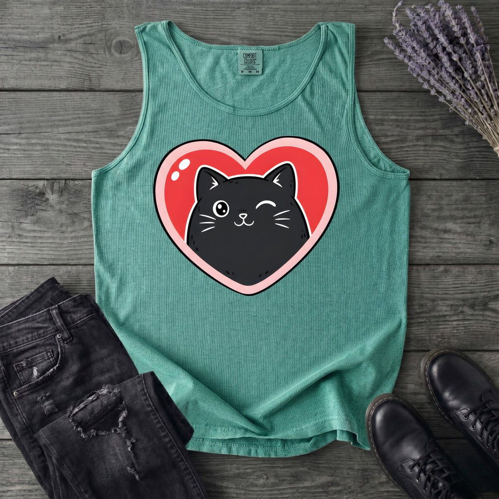 Winking Black Cat Heart Tank Top
