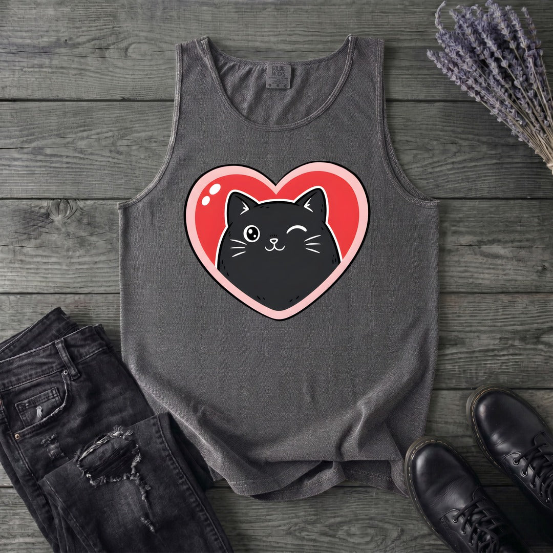 Winking Black Cat Heart Tank Top