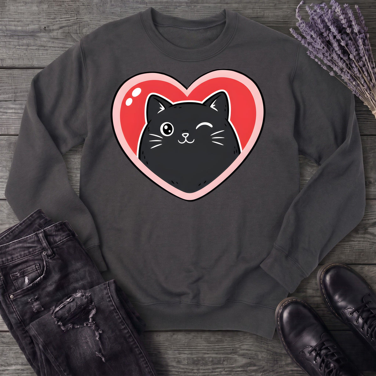 Winking Black Cat Heart Sweatshirt