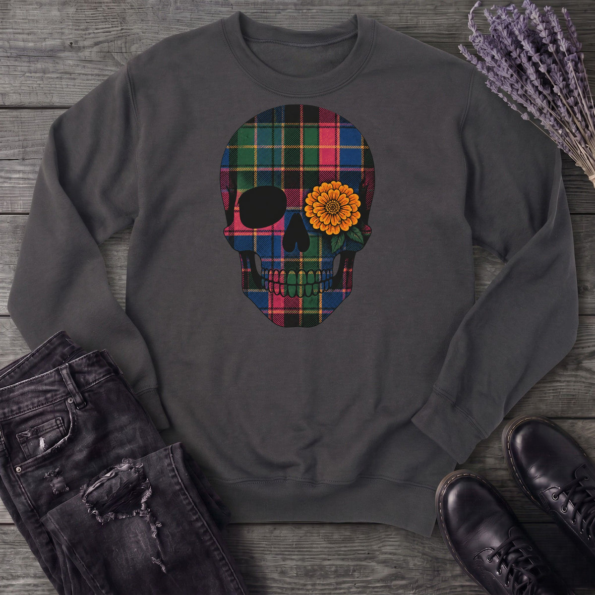Bright Plaid Skull Sweatshirt