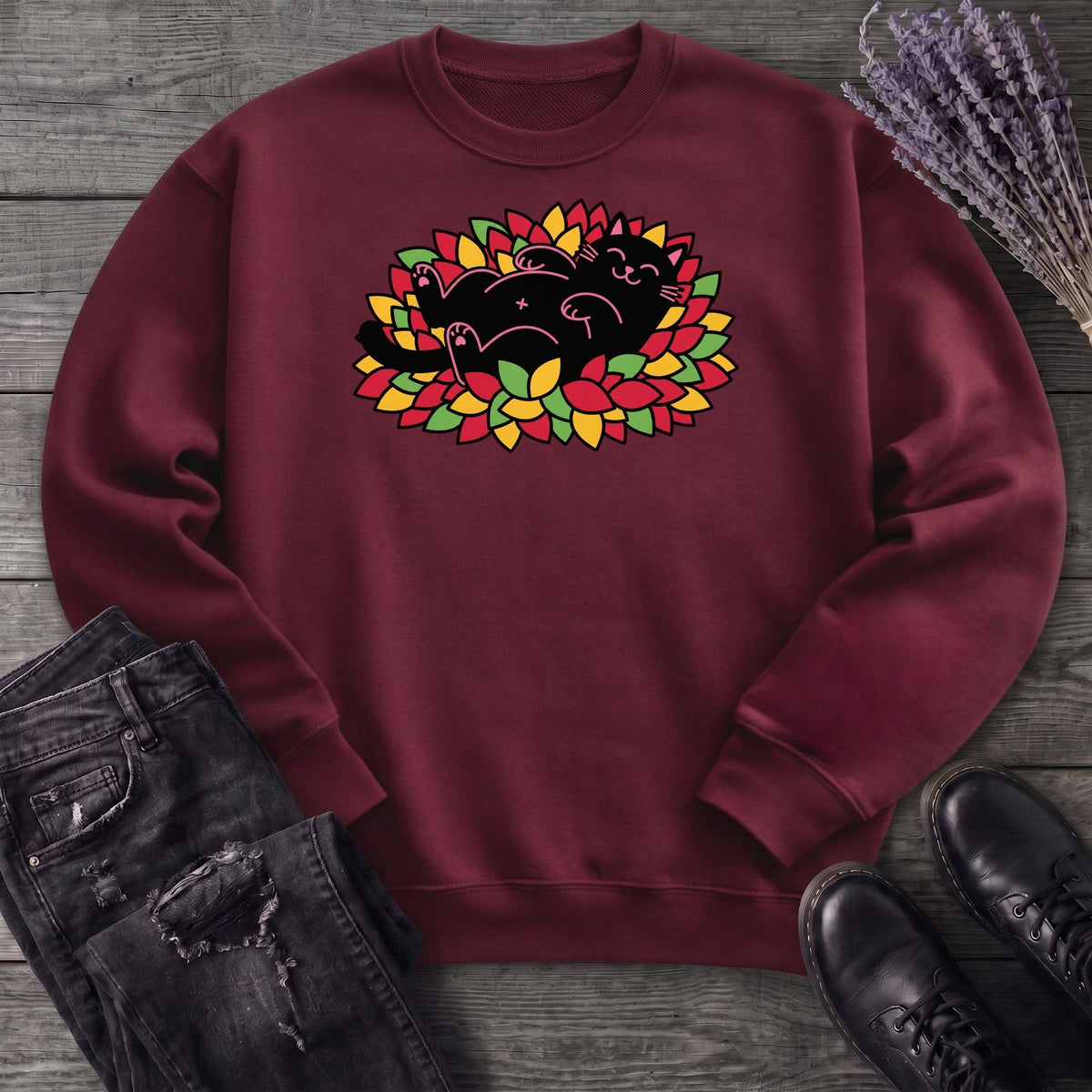 Black Cat Rolling Leaves Sweatshirt