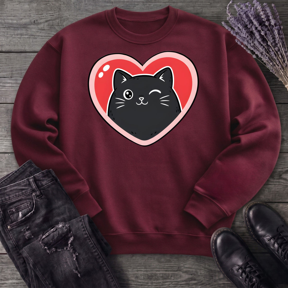 Winking Black Cat Heart Sweatshirt