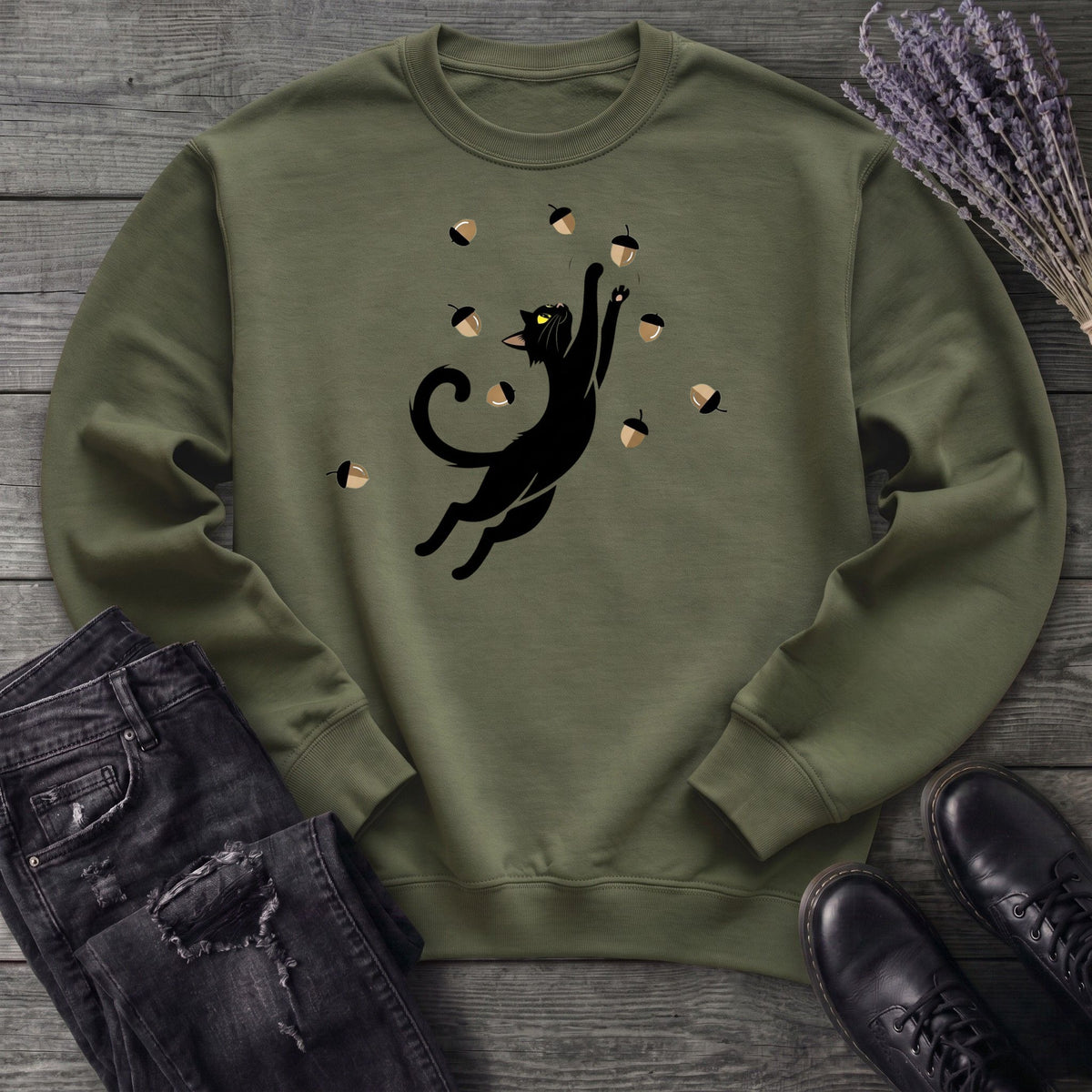 Black Cat Catching Acorns Sweatshirt