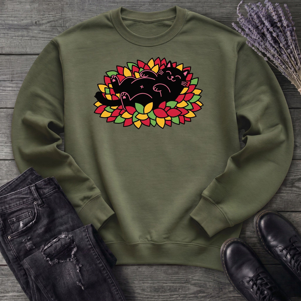 Black Cat Rolling Leaves Sweatshirt