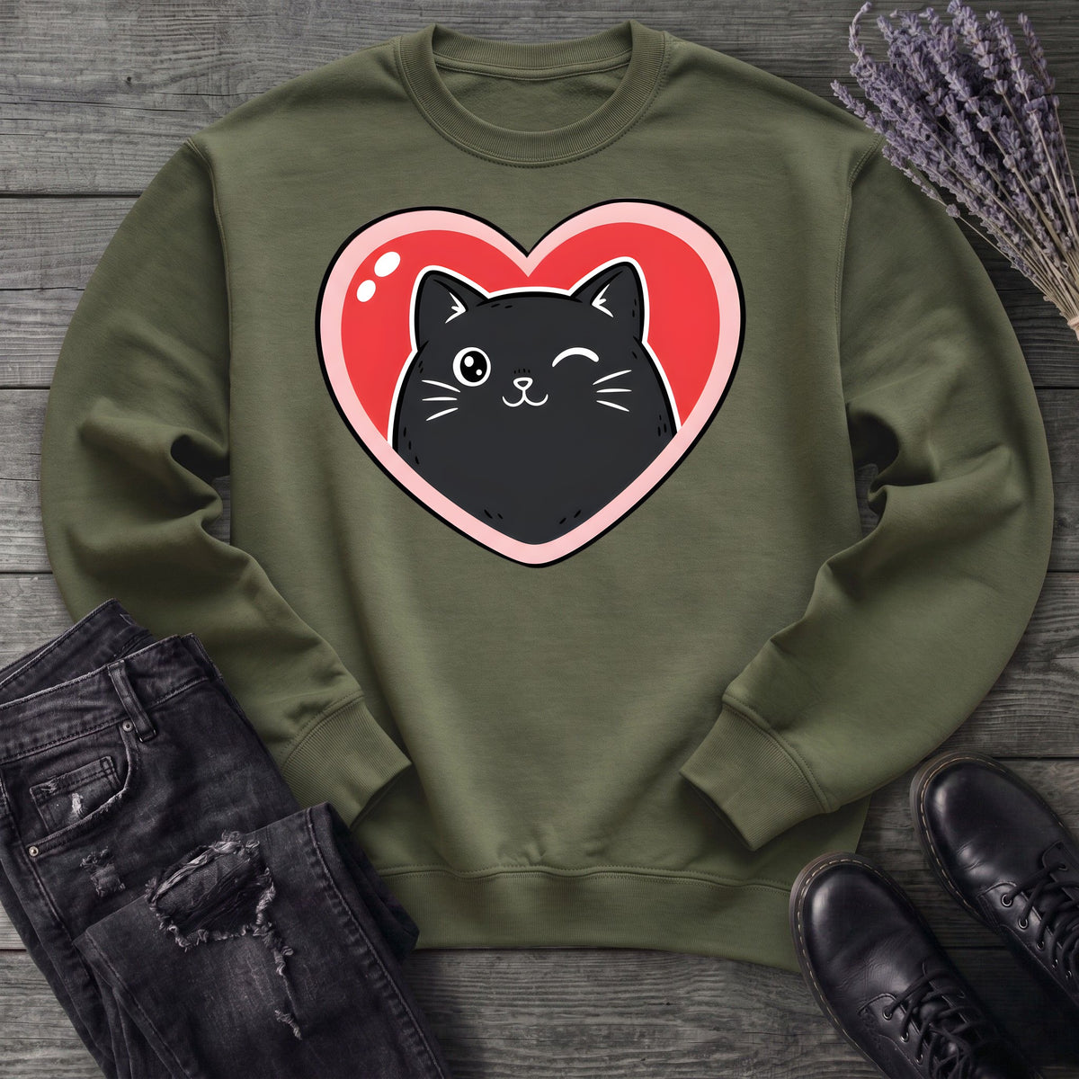 Winking Black Cat Heart Sweatshirt