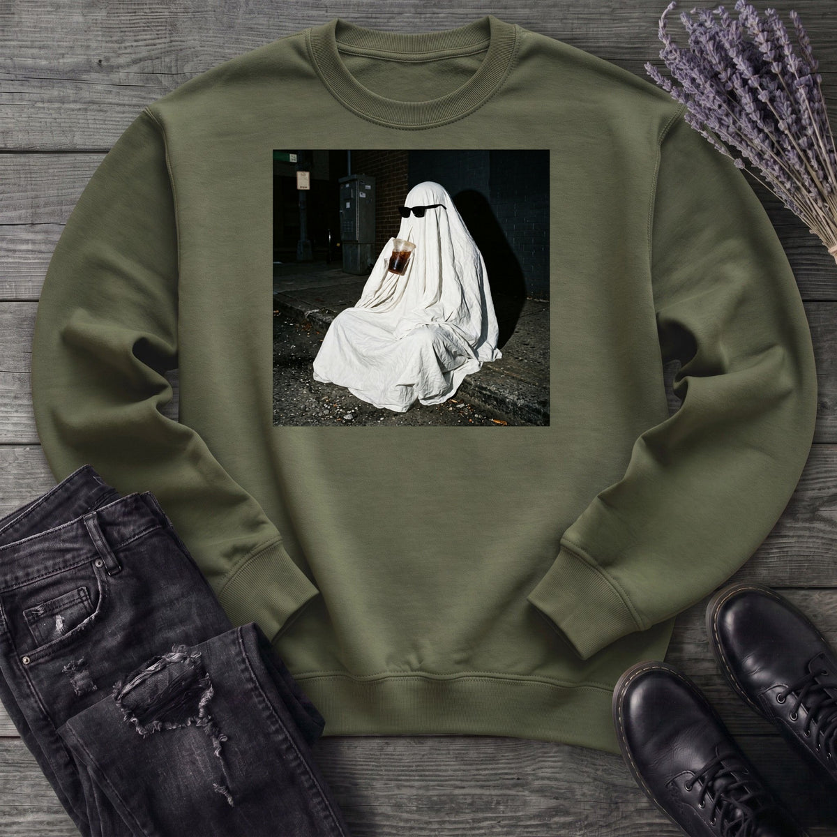 sheet ghost iced coffee curb meme Sweatshirt