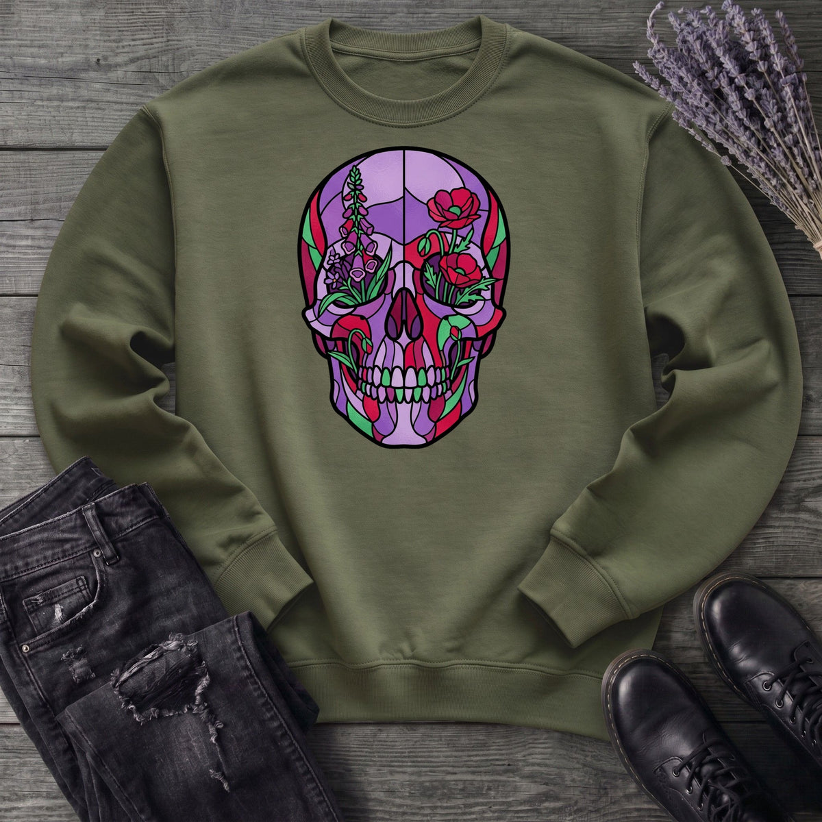 botanical stained glass skull Sweatshirt