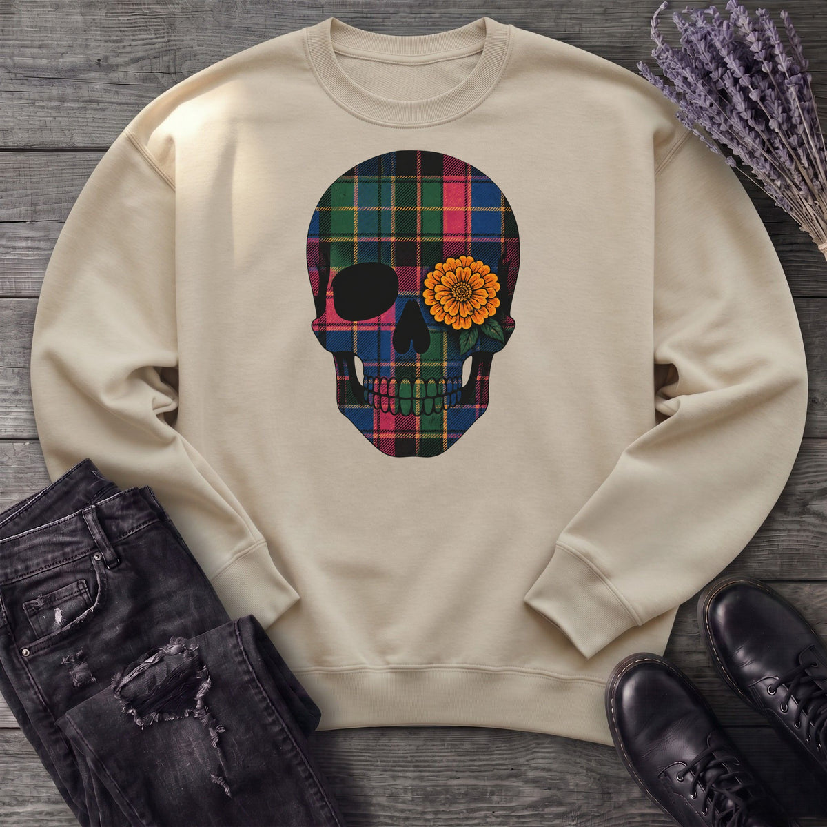 Bright Plaid Skull Sweatshirt